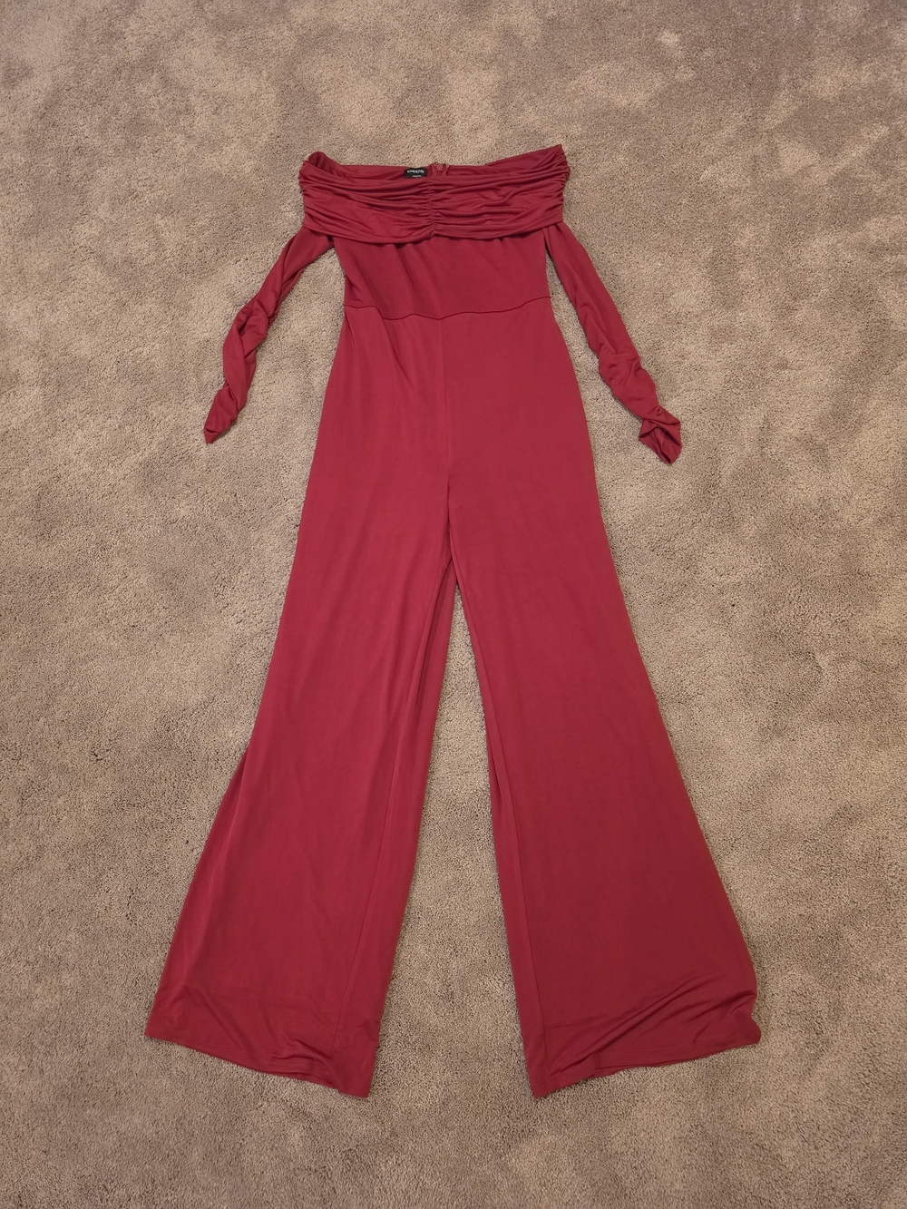 bebe Off-Shoulder Slinky Red Jumpsuit